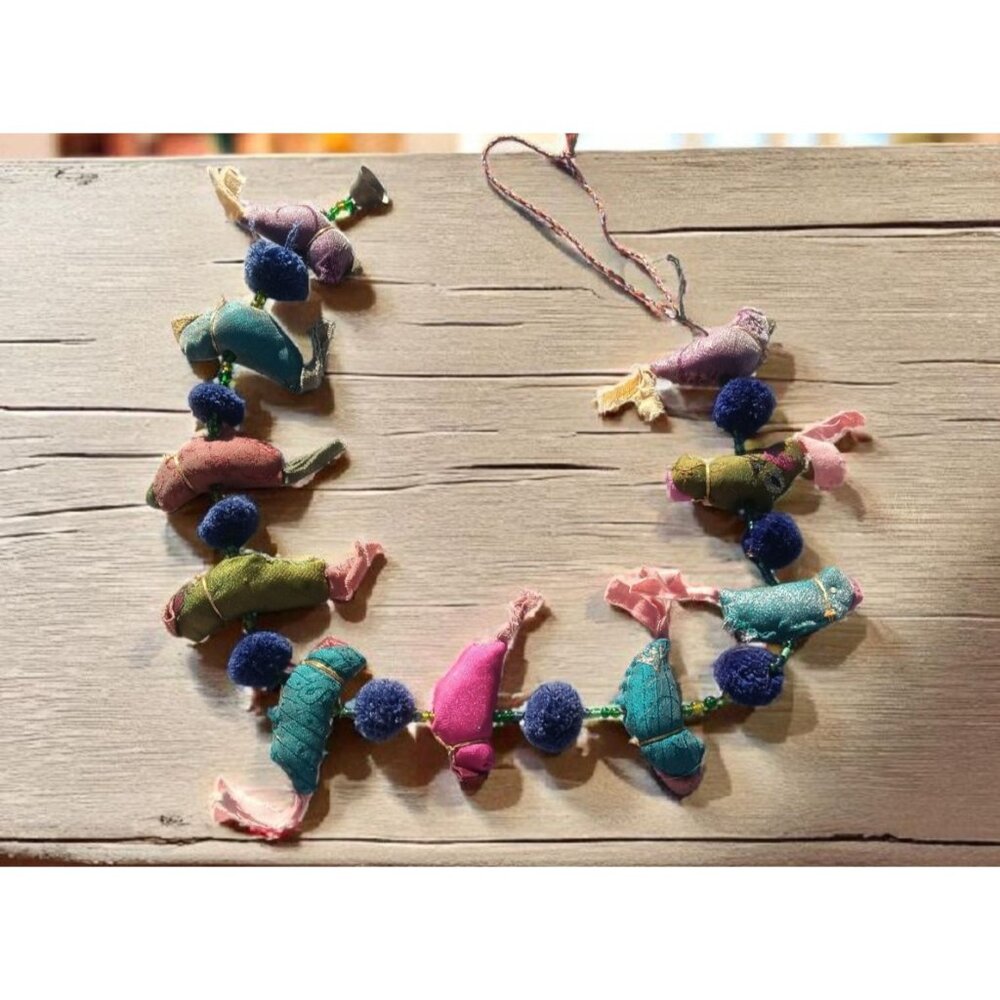 Vintage 33" Handmade Indian Birds Hanging Garland Beaded String W Bell BOHO